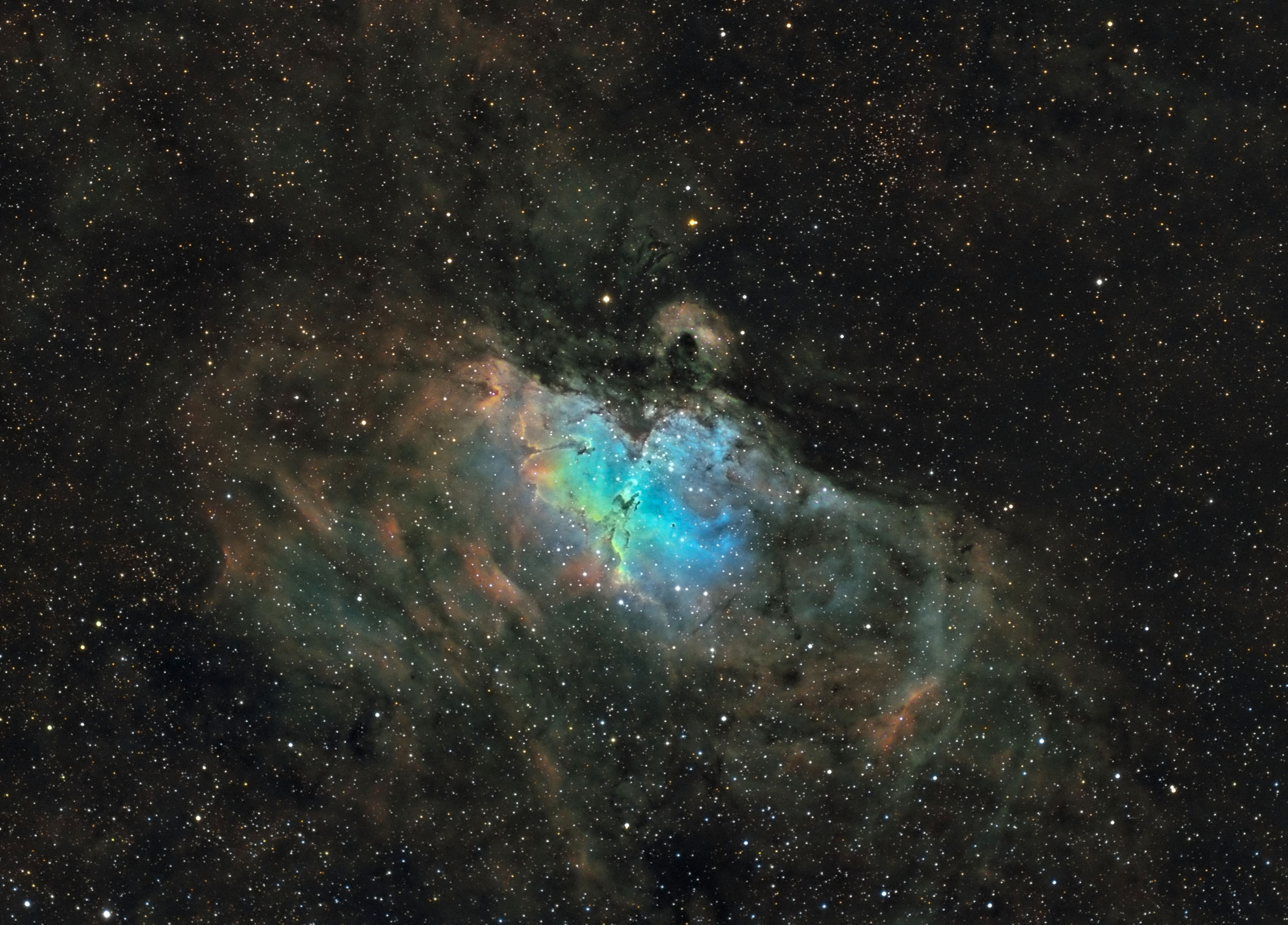 I captured the Eagle Nebula (M16) at the 2019 Texas Star Party using a borrowed SBIG STF-8300M and Baader 8nm Hα/OIII/SII filters on my Takahashi FSQ106N. Recognize those pillars at the center?